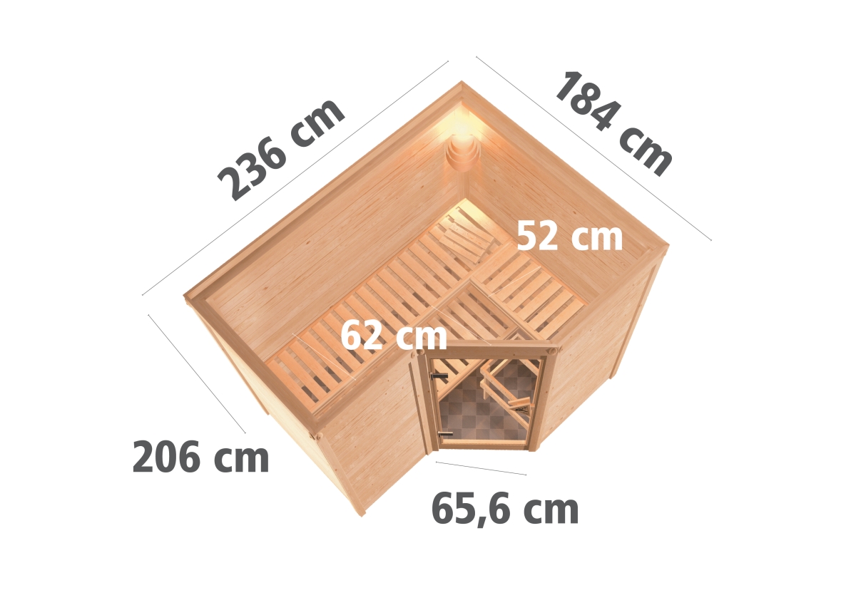 Karibu Sauna Sahib 2 - 236x184 cm, 38 mm Massivholz | Energiespartür | ohne Ofen