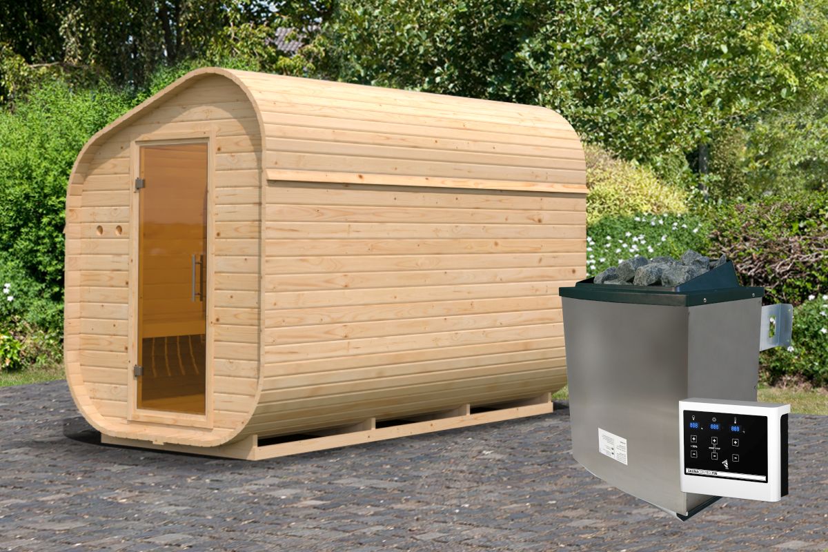 Fasssauna asymmetrisch 3 - 199x355 cm, 38 mm Gartensauna mit Vorraum | Ofen finnisch 9 kW