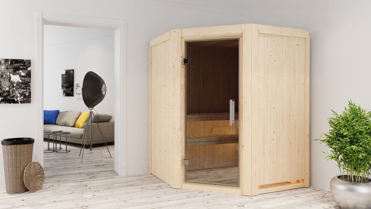 Karibu Sauna Larin - 151x151 cm, 68 mm Systemsauna | Glastür graphit | ohne Ofen