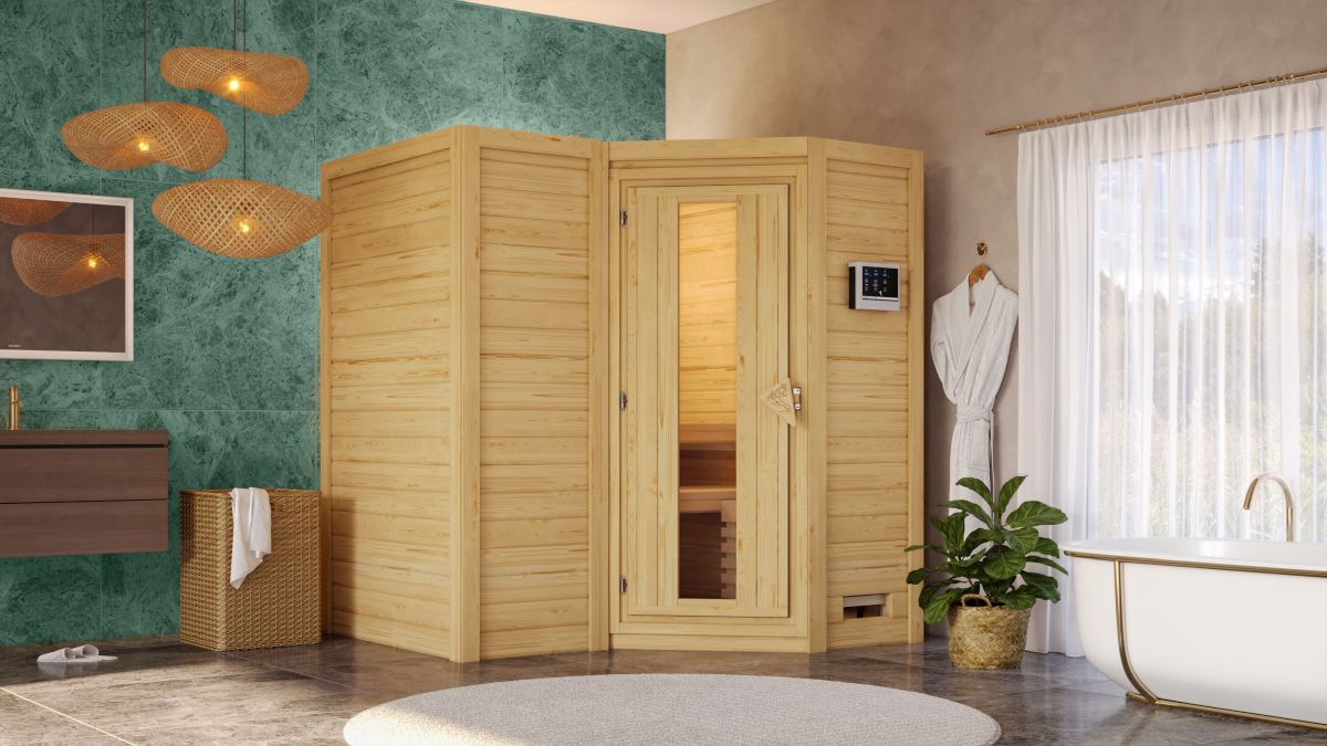 Karibu Sauna Sahib 1 - 193x184 cm, 38 mm Massivholz | Energiespartür | ohne Ofen