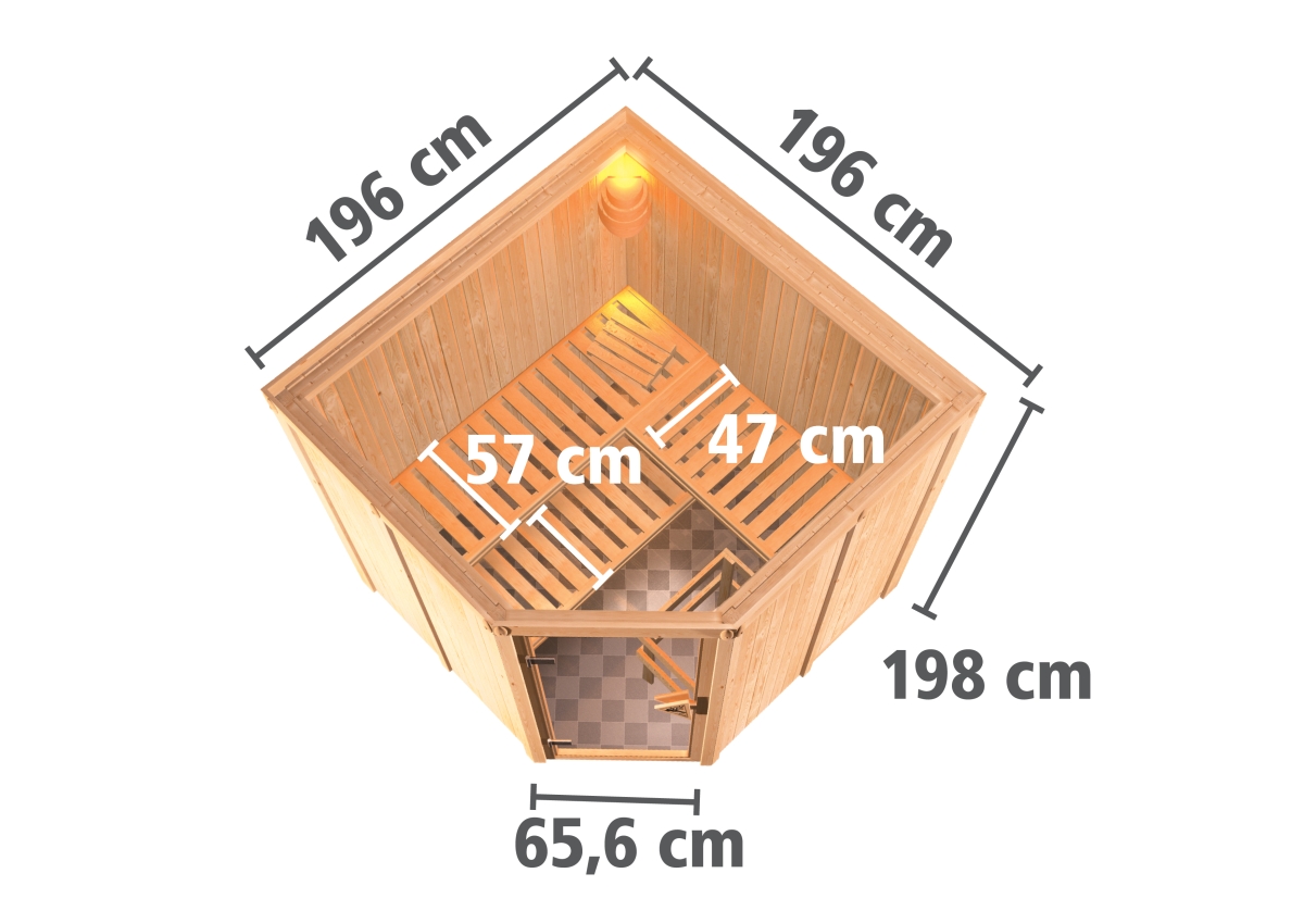 Karibu Sauna Jarin - 196x196 cm, 68 mm Systemsauna | Energiespartür | ohne Ofen