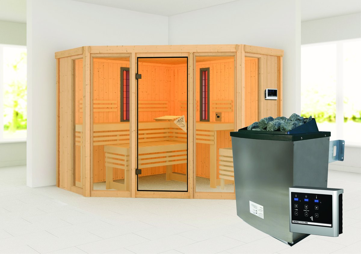 Karibu Sauna Asta - 231x231 cm, 68 mm Multifunktionssauna (Sauna / Infrarotkabine) | Ofen finnisch + IR-Strahler