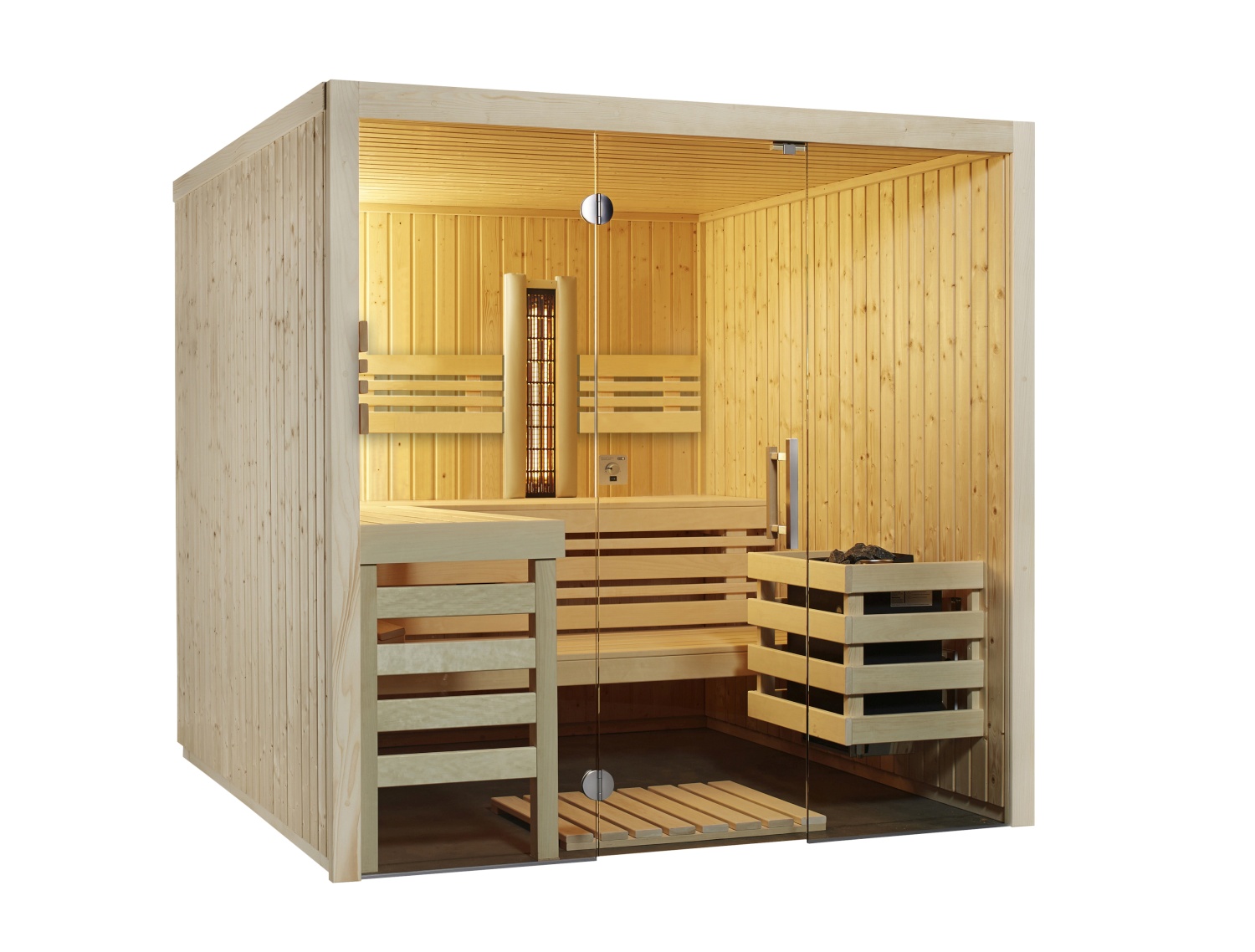 Kombisauna Panorama Complete Fichte 210 - 210x210 cm, 75 mm Elementsauna mit Infrarot