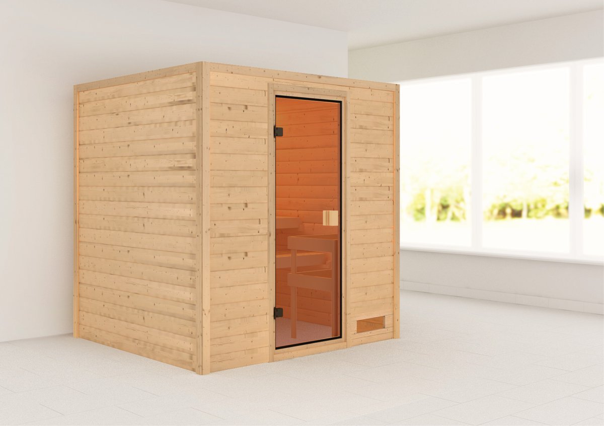 Karibu Sauna Anja - 196 x 170 cm, 38 mm Massivholzsauna | Glastür bronziert | ohne Ofen