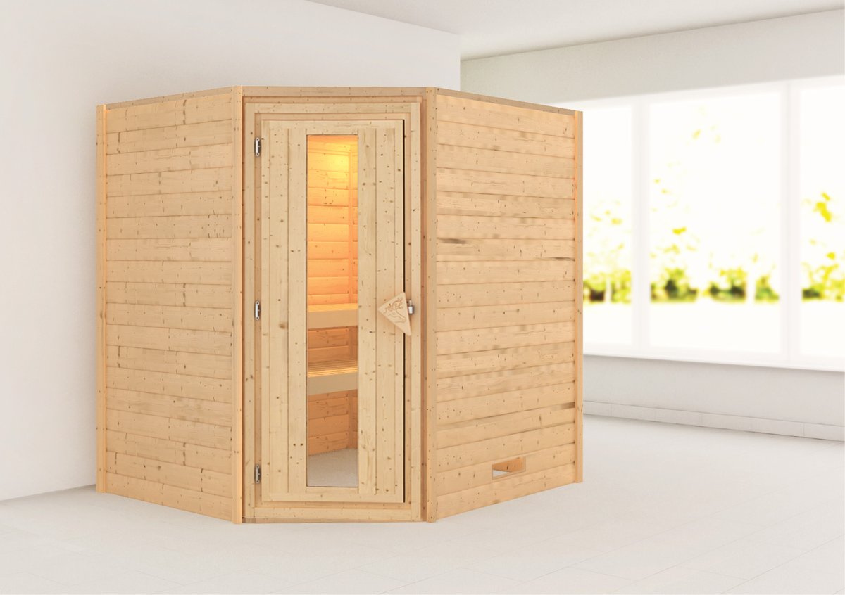 Karibu Sauna Mia - 196 x 170 cm, 38 mm Massivholz | Energiespartür | ohne Ofen