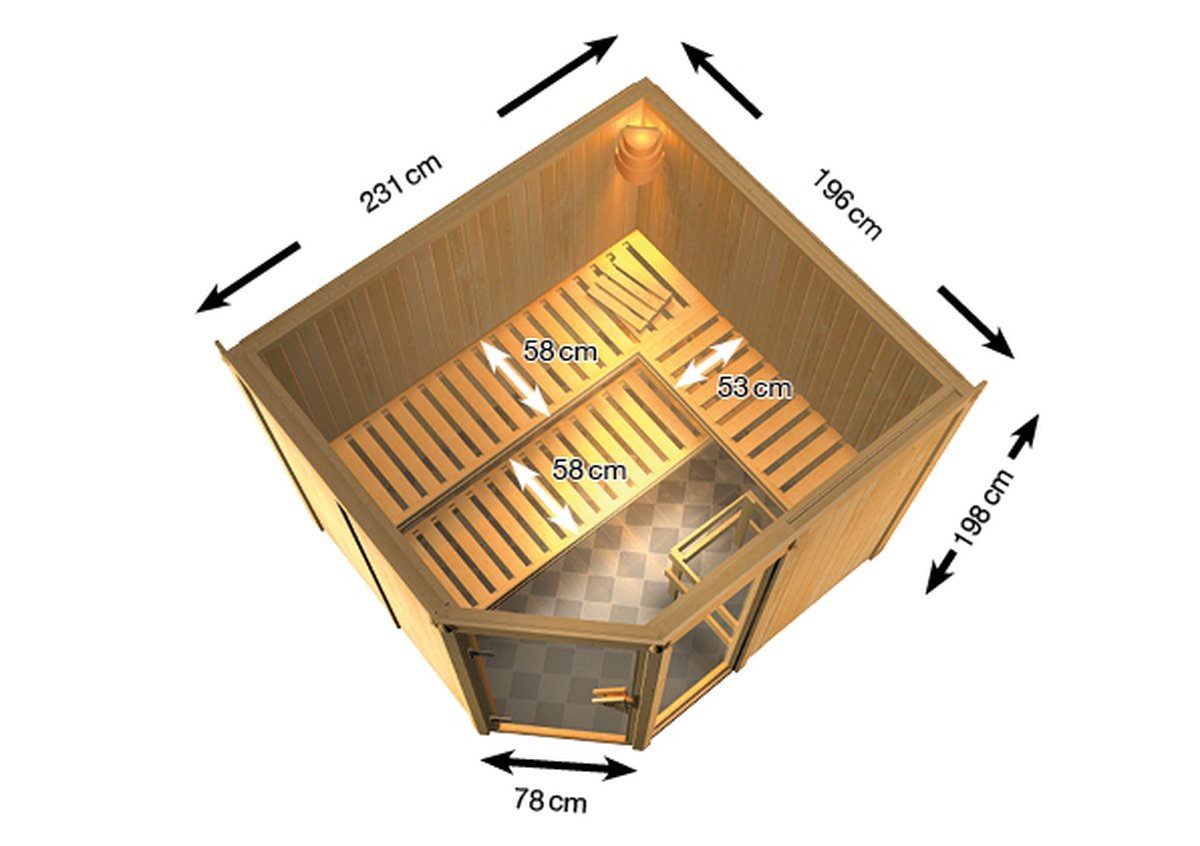 Karibu Sauna Fiona 3 - 231x196 cm, 68 mm Systemsauna "Exklusiv", ohne Kranz|ohne Ofen