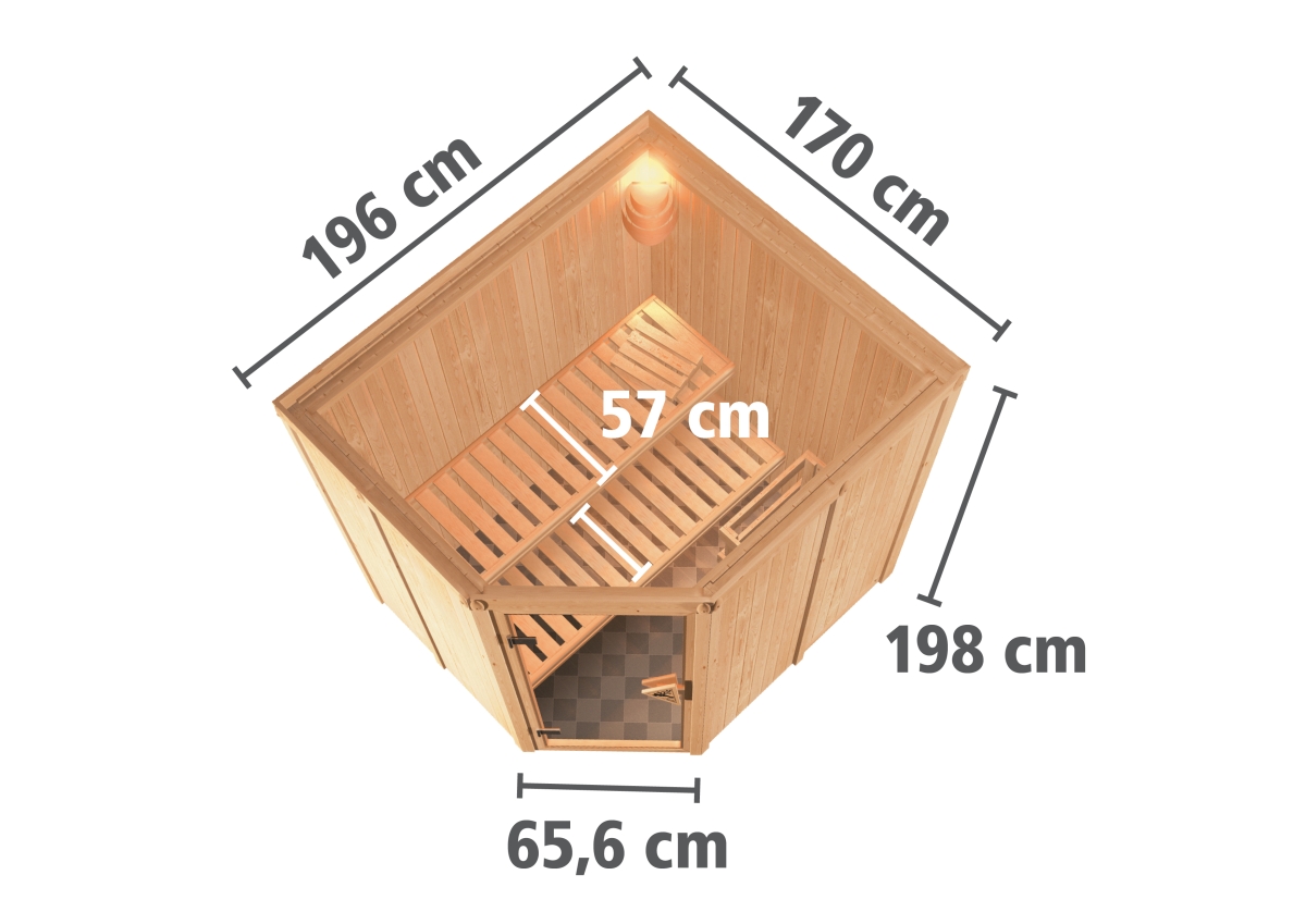 Karibu Sauna Siirin - 196x170 cm, 68 mm Systemsauna | Tür Klarglas | ohne Ofen