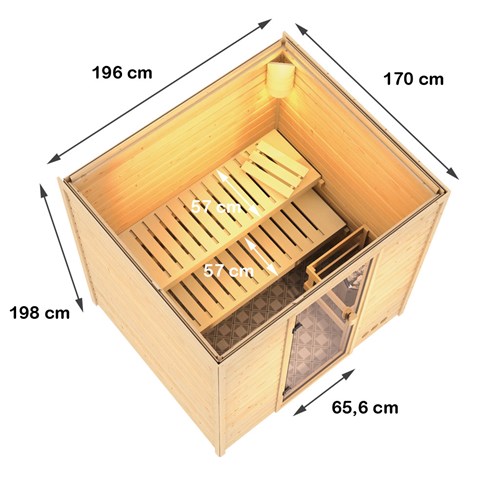 Karibu Sauna Anja - 196 x 170 cm, 38 mm Massivholzsauna | Glastür bronziert | ohne Ofen