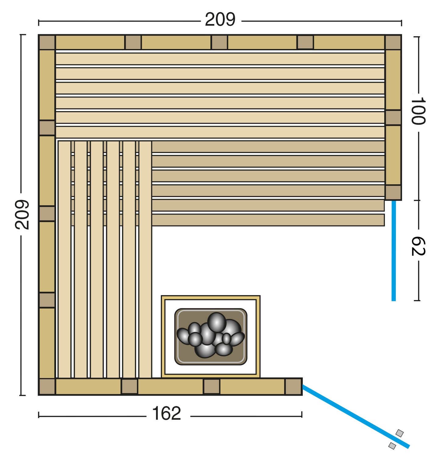 Infraworld Sauna Solido 209 Ecke rechts - 209x209 cm, 40 mm Massivsauna